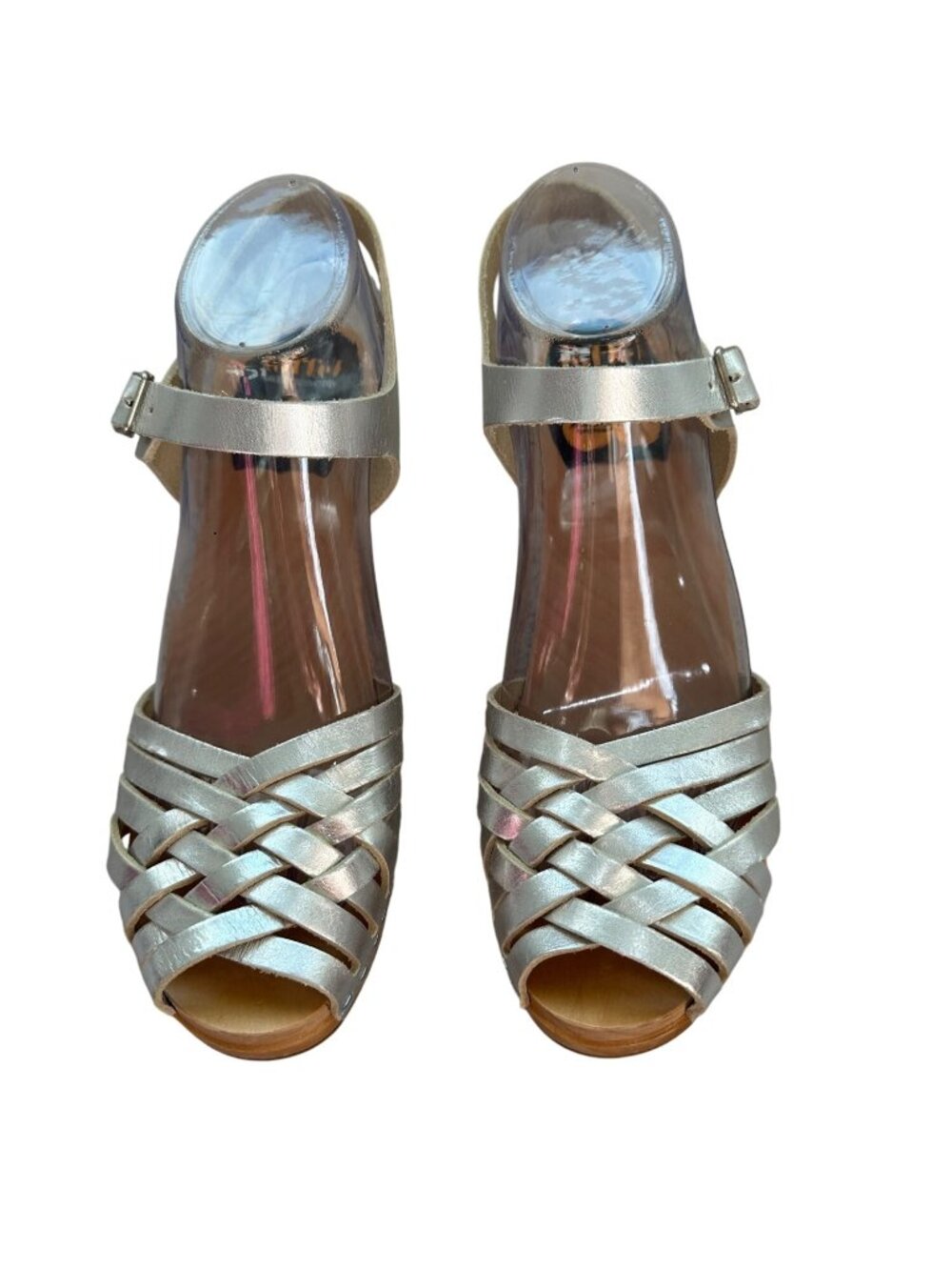 Swedish Hasbeens Sz 41 /10.5  Silver Braided Strappy Leather Heel Sandals Wooden